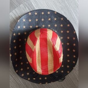 Striped Red & Cream Western Straw Hat with Star-Print Brim